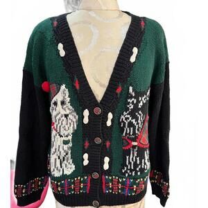 Vintage PBJ Sports Green & Black Dog Patterned Knit Cardigan Sweater